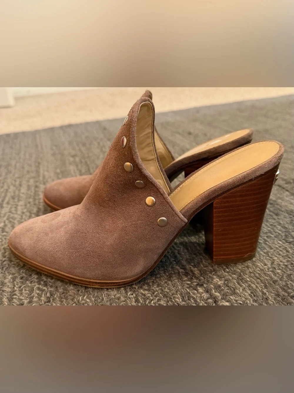Michael Kors Studded Suede Block Heel Mule in Brown, Size 9.5